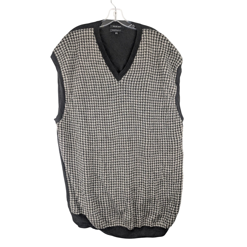 Castagne Sweater Vest Mens 3XLT Black Grey Houndstooth 100% Merino Wool V-Neck